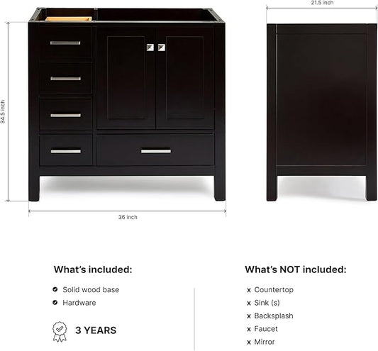 ARIEL Cambridge 36-inch Bathroom Vanity Base Cabinet,Solid Wood, 2 Soft Closing Doors, 5 Dovetail Drawers, Espresso