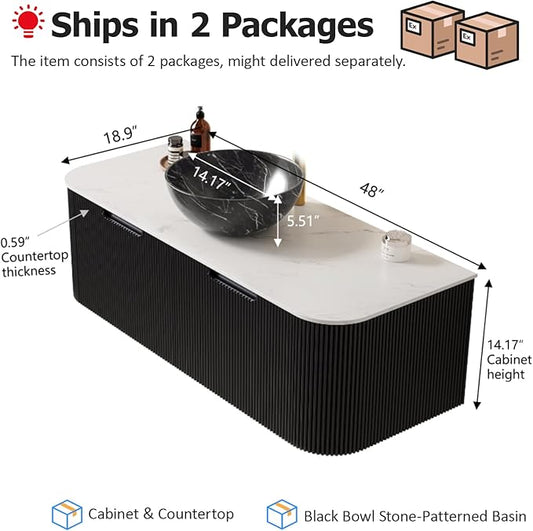 48" Floating Bathroom Vanity with Sink, Plywood Bathroom Vanities with Ultra-Thin Bowl Shape Basin and Marble Top, 2 Large Soft-Closing Storage Drawers, Pre-Assembled Cabinet, Gloss Black