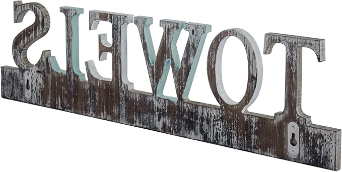 MyGift Wall Mounted Bathroom Hand Towel Rack with 5 Dual Hooks, Rustic Wood | Kitchen & Laundry Organizer with Decorative TOWEL Cutout for Bath Towels, Washcloths, Robes & Accessories