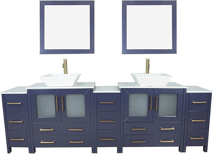 Vanity Art 96 Inch Vessel Double Sink Bathroom Vanity Cabinet with 2 Mirrors, Engineered Marble Top Bathroom Cabinet Compact Set with 13 Dovetail Drawers and Soft Closing Doors, VA3130-96B