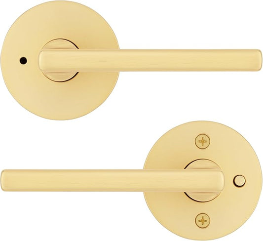 Kwikset Halifax Interior Privacy Door Handle with Lock, Door Lever for Bathroom and Bedroom, Satin Brass Reversible Keyless Push Button Lock Door Lever, with Microban Protection