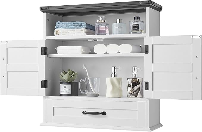 VEVOR Bathroom Wall Cabinet, 24" W x 25" H Storage Medicine Cabinet Wall Mounted, Hanging Organizer with Drawer & Open Partition for Laundry Room Kitchen Restroom, White