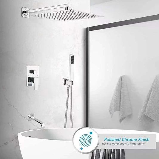 Polished Chrome Rain Shower System Tub Shower Faucet Set 12 Inch Square Rainfall Shower Head with Handheld Sprayer and Tub Spout Rough-in Valve Shower Mixer Combo Kit