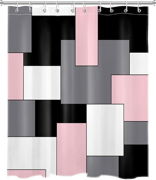 HVEST Modern Pink Shower Curtain with Hooks, Grey Black and White Abstract Geometric Shower Curtain for Bathroom, Mid Century Minimalist Bathroom Decor Curtains, 60W X72L inches