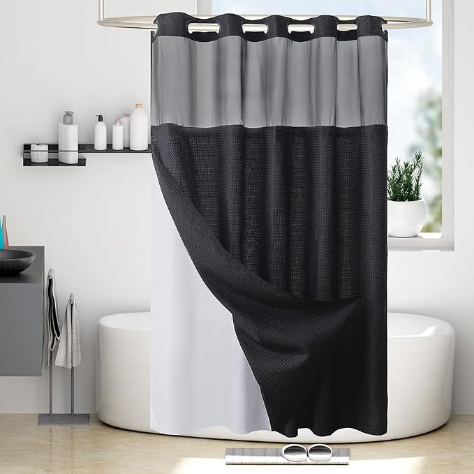 Furlinic Extra Long No Hook Waffle Weave Shower Curtain with Snap in Fabric Liner Set,Heavy Duty Bathroom Curtains with See Through Window,Machine Washable & Waterproof,Black,71x84 Inch