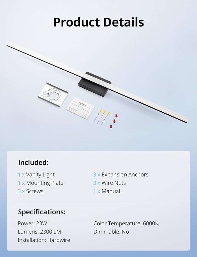 48Inch Bathroom Vanity Light Fixtures Extra Long Lighting Bar Above Mirror, Modern Black Bright 23W 2300LM Wider Coverage Slim Sleek IP44 Rustproof LED Bath Wall Sconce for Makeup Cool White