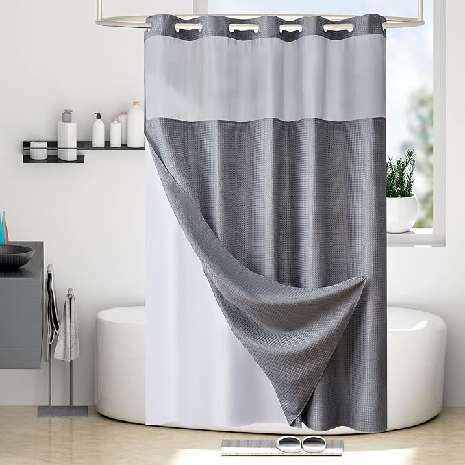 Furlinic No Hooks Needed Waffle Weave Shower Curtain with Snap in Fabric Liner,Honeycomb Texture Bathroom Curtains with See Through Top Window,Waterproof,Grey,71x96 Inch