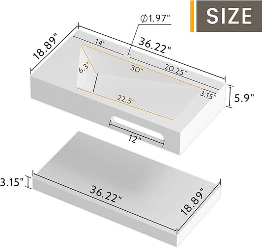QJ&XY Resin Bathroom Sink 36" Wall Mounted V-Shaped White Basin with Towel Rack, Floating Vanity Sink in Soft-Touch Finish (Double Tier)