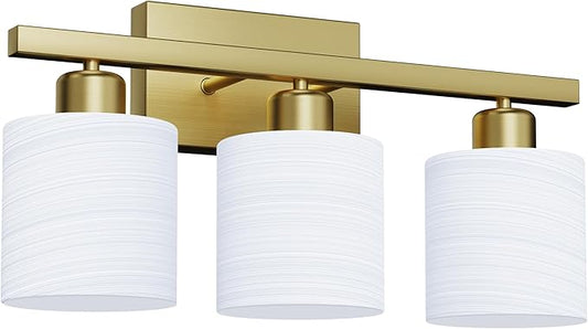 PARTPHONER Bathroom Light Fixtures, Bathroom Lighting Fixtures Over Mirror, Interior Classic Vanity Lights, Modern Vanity Light with Textured White Glass Shade, Brushed Gold, 3-Light