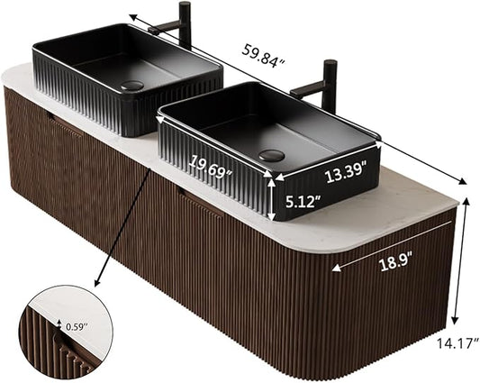Yayzy 60" Floating Bathroom Vanity with Sink, Solid Wood Fluted Cabinet, Black Fluted Square Ceramic Basin & Faux Marble Top, Soft-Close Drawer, Pre-Assembled, Walnut Woodgrain