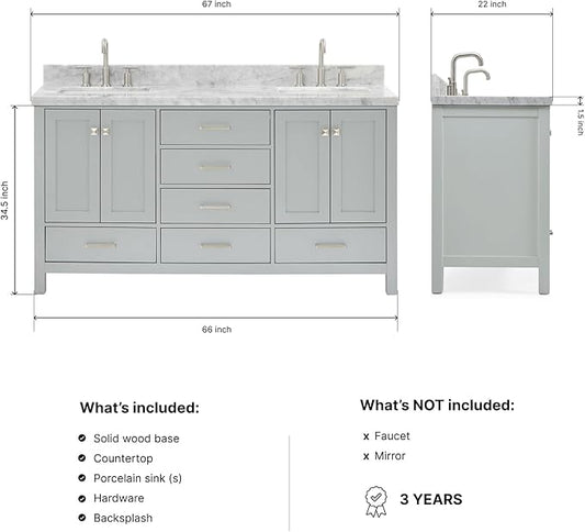ARIEL Cambridge 66-inch Bathroom Vanity with Sink,Solid Wood, 1.5-inch Italian Carrara Marble Countertop, Double Rectangular Porcelain Sink, 4 Soft Closing Doors, 6 Dovetail Drawers, Grey