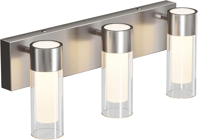 Tribesigns LED Bathroom Light Fixtures, 3-Light Vanity Lights Over Mirror, Wall Lights with 3 Color Modes & Sand Nickel Finish, Wall Sconces with Clear Glass Shades for Bathroom Hallway Bedroom
