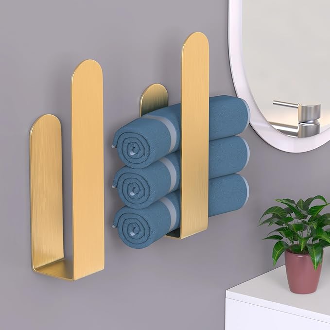 HUFEEOH Bathroom Towel Rack, 2 Pack, Gold 8 Inch Towel Holders, U-Shaped | Wall-Mounted Bars for Hand Towel and Bath Towel Storage, Adhesive Installation Suits Bathroom, Hotel and Kitchen Placement