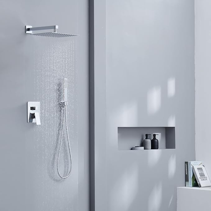 Iriber Chrome Shower System 10 Inch High Pressure Rainfall Shower Head and Shower Faucet Combo Set