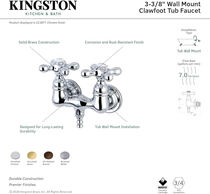 Kingston Brass CC37T8 Vintage Leg Tub Filler, Satin Nickel,3-3/8-Inch Center