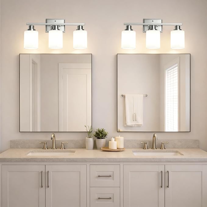 3-Light Bathroom Light Fixtures, Modern Brushed Nickel Vanity Light Over Mirror, Wall Sconces with Milky White Glass Shades for Living Room Bedroom Hallway E26 Base