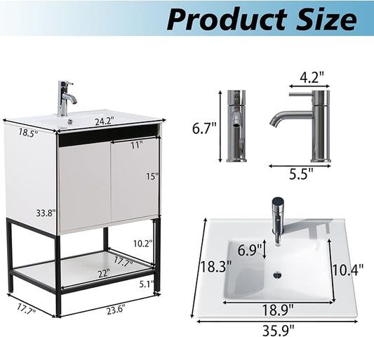wonline 24” Bathroom Vanity with Ceramic Sink, Bathroom MDF Cabinet with White Wash Basin and Modern Design Chrome Faucet for Small Space
