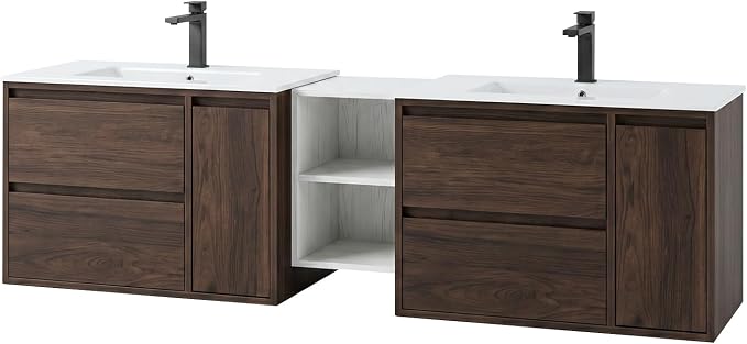 72 Inch Modern Floating Double Sink Bathroom Vanity, Wall-Mounted with Seamless Ceramic Top, Rounded Corners, Full-Extension Soft-Close Drawers & Concealed Drainage, White