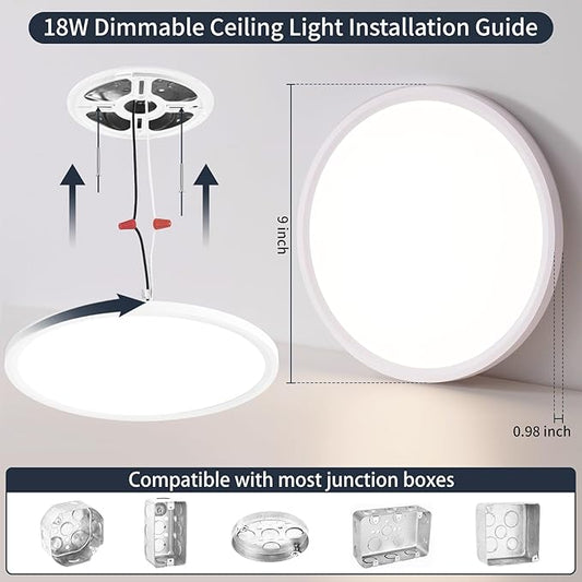 9 Inch Flush Mount Ceiling Light, 5 Color Adjustable Slim 18W 1800LM 2700K-6500K Wired LED Fixture, Modern Low Profile LED Ceiling Lamp for Hallways, Kitchen, Bedroom, Closets, Bathroom, Round, White