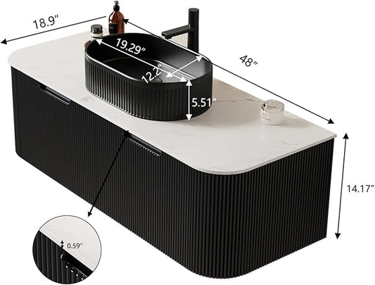 Yayzy 48" Floating Bathroom Vanity with Sink, Solid Wood Fluted Cabinet, Black Fluted Oval Ceramic Basin & Faux Marble Top, Soft-Close Drawer, Pre-Assembled, Gloss Black