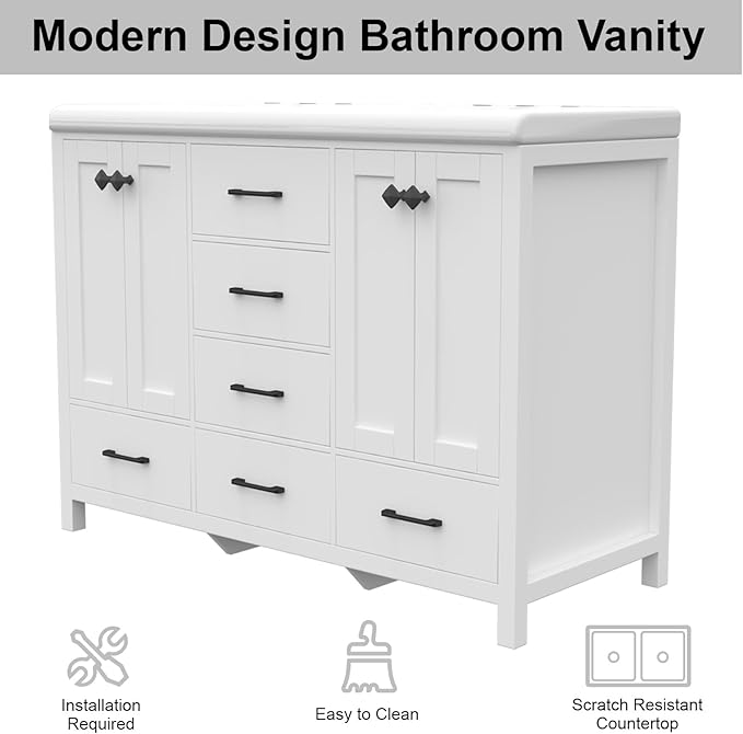 46.7 inch Bathroom Sink Vanity Combo, Large Freestanding Double Bath Vanity Sink Set with 2 Cabinets & 5 Drawers, Dual Basin Modern Bathroom Storage Cabinet, Modern White