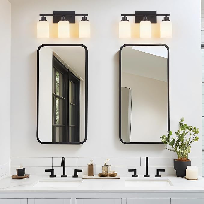 3-Light Black Bathroom Light Fixture Over Mirror,Modern Farmhouse Vanity Light,Wall Sconces with Milky White Glass Shade for Bathroom,Bedroom, Living Room,Staircase,Hallway E26