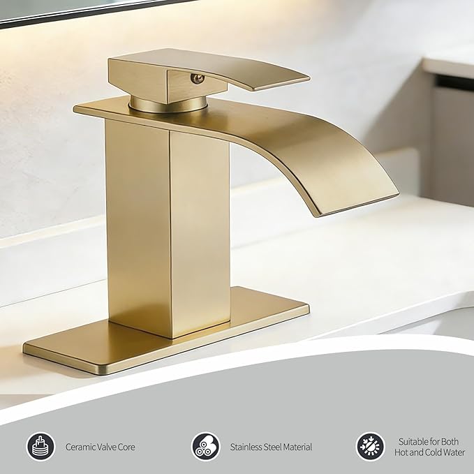 Wicbim Brushed Gold Bathroom Faucet,Modern Waterfall Black Bathroom Faucet,Single Handle Suitable for 1 or 3 Holes,Supply Deck Plate and Hose