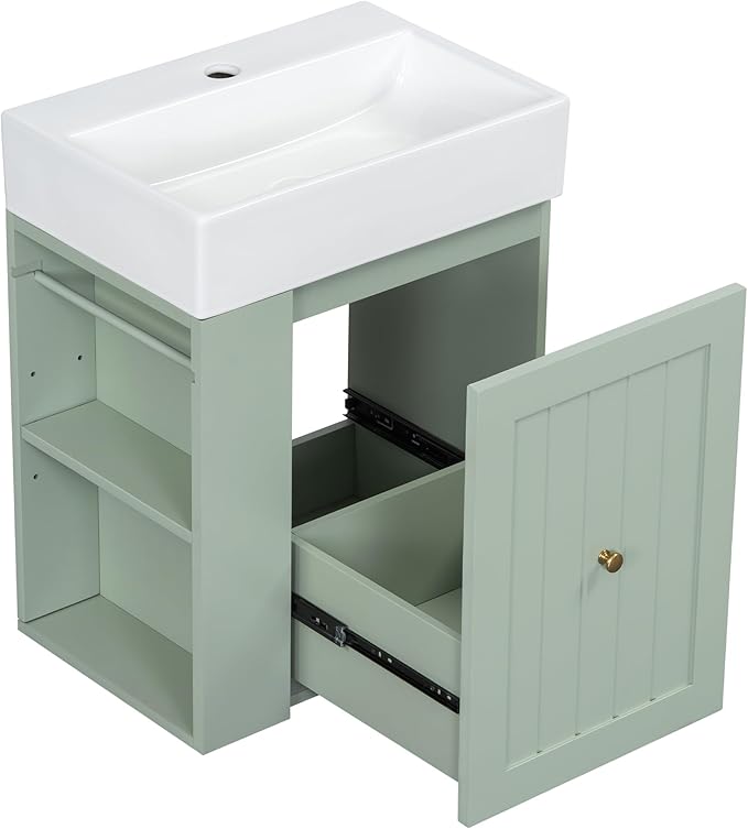 Harper & Bright Designs 20" Bathroom Vanity with Sink, Wall-Mounted Single Basin Vanity Set with One Drawer & Two-Tier Left Side Storage Shelf, Storage Cabinet with Ceramic Basin for Bathroom, Green