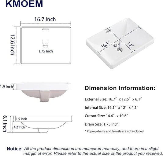 Semi Recessed Bathroom Sink 17"x13" Vessel Sink Drop-in White Porcelain Ceramic Modern Rectangular Sinks Basin Vanity Sinks with Overflow for Bathrooms