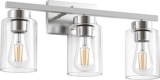 PARTPHONER 3-Light Bathroom Light Fixtures, Brushed Nickel Vanity Light with Clear Glass Shade, Modern Wall Sconce for Mirror Bedroom Living Room Hallway Lighting