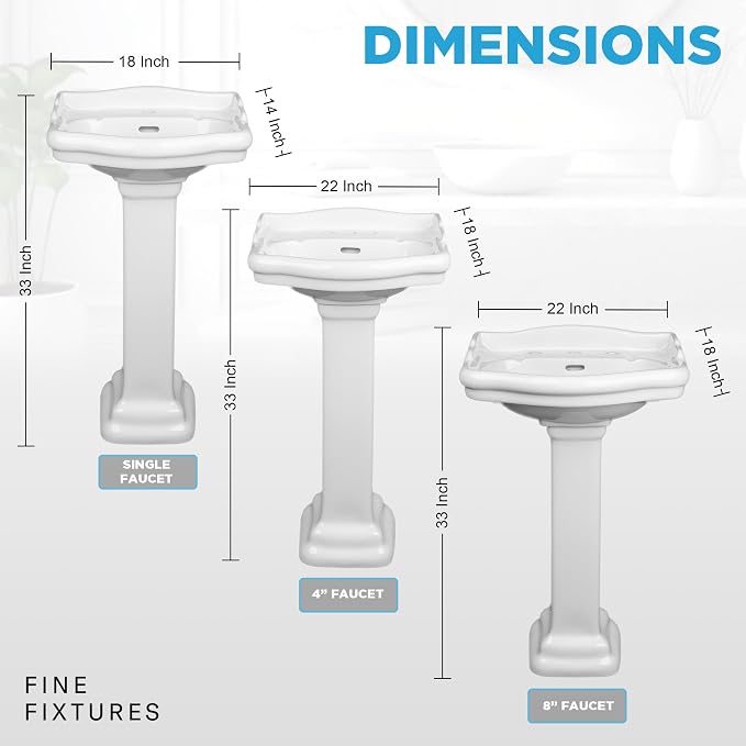 Roosevelt Bathroom Pedestal Sink – 18-Inch Small Pedestal Sink, Durable Vitreous China Ceramic with Single Hole Bathroom Sink Faucet – Ideal for Modern Bathrooms
