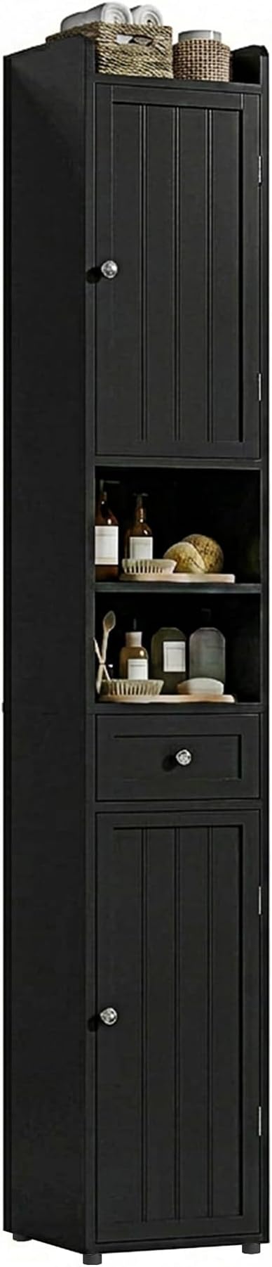 ChooChoo Tall Bathroom Storage Cabinet with Drawer, 11.8" x 11.8" x 70.8" | Narrow Storage Cabinet, Freestanding Cupboard for Small Spaces, Black