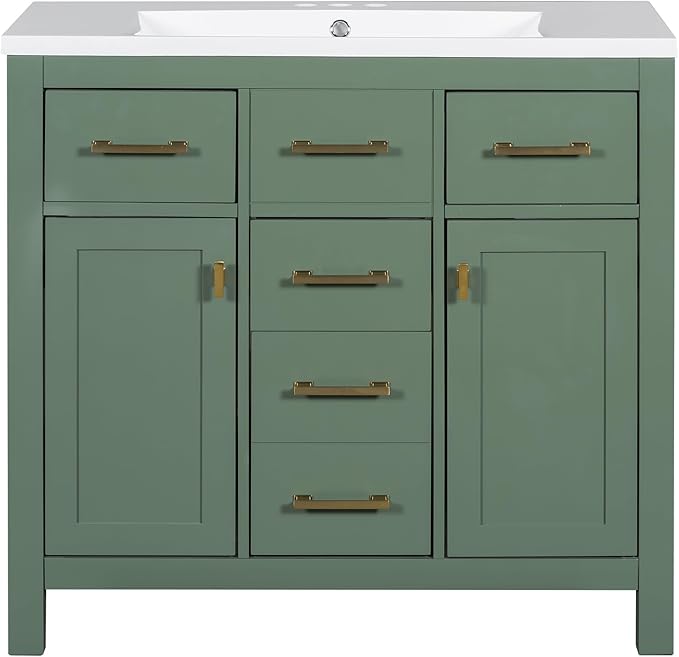 36 Inch Green Bathroon Vanity with Sink,Modern Bathroom Sink Cabinet 36" with 4 Drawers & 2 Cabinets,Integrated Countertop,Gold Handles,Soft Closing,Solid Wood Frame