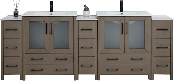 Vanity Art 96 Inch Under Mount Double Sink Bathroom Vanity Cabinet with 2 Mirrors, Ceramic Top Bathroom Cabinet Compact Set with 13 Dovetail Storage Drawers and Matte Black Handles, VA3030-96-DG