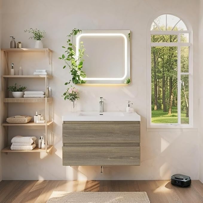 Floating Vanity Bathroom, 36 Inch Bathroom Vanity with Sink, Wall Mounted Single Sink Bathroom Vanity, Soft Closed 2 Drawers, Integrated Sink (Ash Grey)