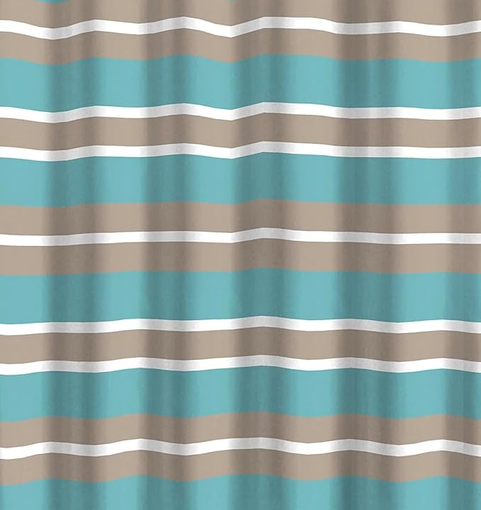 Striped Fabric Shower Curtain, Aqua Brown White Coastal Design, 70 x 72 Inches, with Hooks