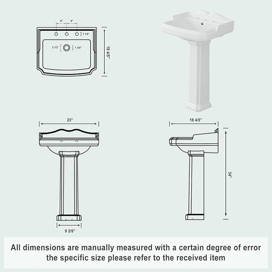 Bathroom Pedestal Sink 23 X 19 Inch | Classic Ceramic Basin with Backsplash, 3 Faucet Holes (8 Inch Widespread), Space-Saving Design for Small Bathrooms