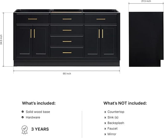 ARIEL Hepburn 66-inch Bathroom Vanity Base Cabinet,Solid Wood, 4 Soft Closing Doors, 6 Dovetail Drawers, Black