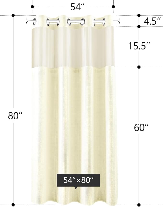 River Dream Cotton Blend Fabric Shower Curtain Set with Liner, Cream, 54x80 | Waffle Weave, No Hook Needed, with Snap in Replacement Liner, Top Sheer Window, Hotel Quality Fabric for Bathroom