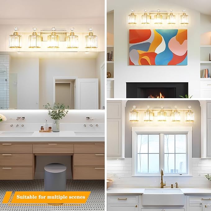Bathroom Vanity Light Fixtures 5-lights, Gold Crystal Vanity Lights for Bath, Bathroom Lights Fixture with Clear Crystal Glass Shade, Modern Wall Light over Mirror, Wall Sconces Light for Hallway