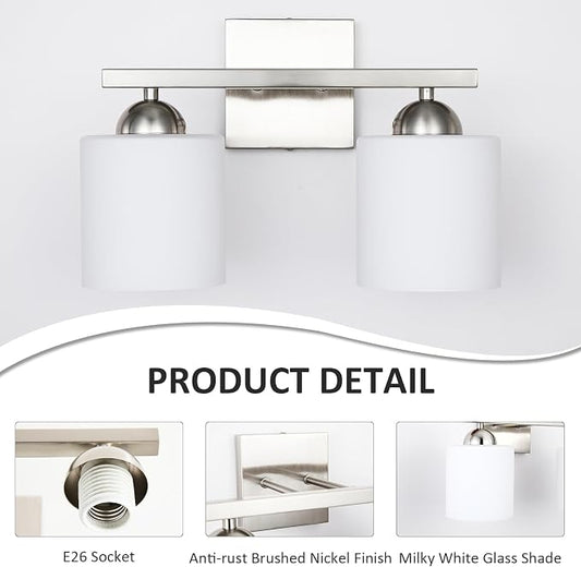 2 Light Brushed Nickel Vanity Lights for Bathroom, Modern Bathroom Light Fixtures Over Mirror, Vanity Light with Milky White Glass Shades, Farmhouse Wall Lights, E26 Socket