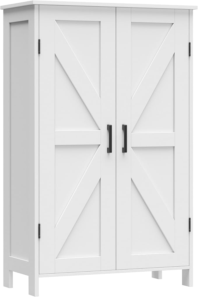 Farmhouse Bathroom Cabinet with Adjustable Shelves, Free-Standing Storage Cabinet with Barn Doors, for Kitchen, Living Room, Dining Room, Entryway, White