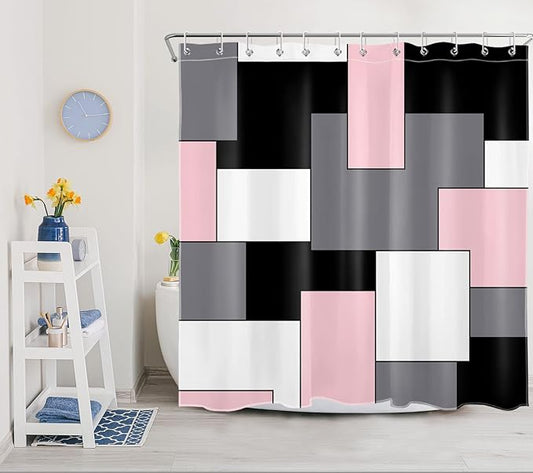 HVEST Pink Geometric Shower Curtain with Hooks,Grey Black and White Abstract Geometric Modern Shower Curtain for Bathroom,72X72 inches Mid Century Minimalist Bathroom Curtains Shower Set