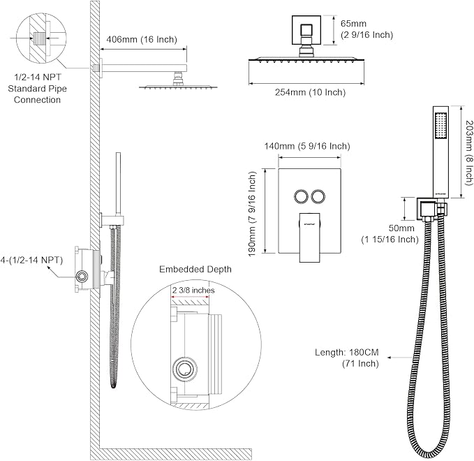 Shower System Shower Faucet Set with Push-Button Diverter and Wall Supply Elbow 10 Inch Shower Head Polished Chrome