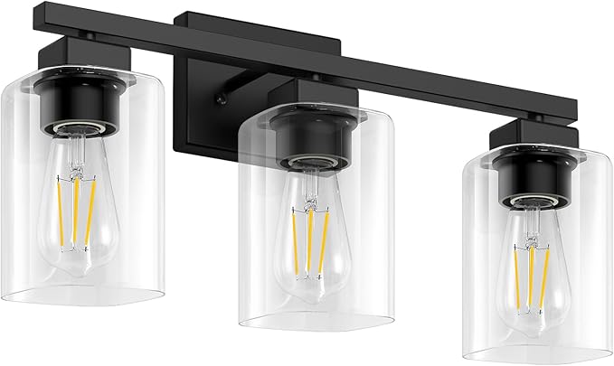 19” Bathroom Light Fixtures Over Mirror,3-Light Black Vanity Light | Square Clear Glass & Durable Metal, Quick & Easy Installation, Standard E26 Socket, Bright Bathroom Lighting