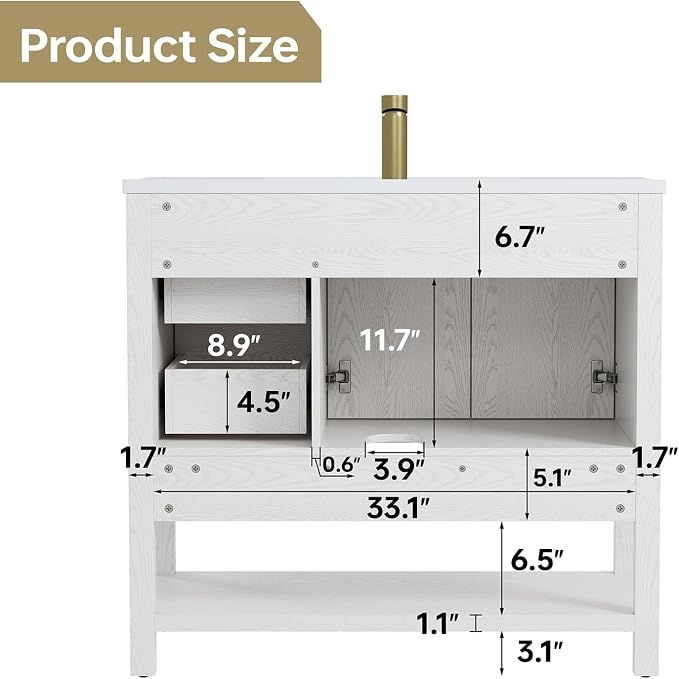 36 Inch Bathroom Vanity with Sink, White | Modern Vanity with gold hardware, integrated SMC sink, 2 drawers, open shelf storage, soft-close doors and adjustable feet
