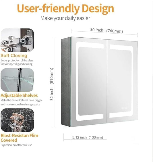 Stainless Steel LED Medicine Cabinet,Bathroom Mirror Cabinet with Light,3 Color,Dimmable,Equipped with Defogger,USB Shavor Socket,Internal Light,30×32 Inch