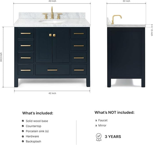 ARIEL Cambridge 42-inch Bathroom Vanity with Sink,Solid Wood, 1.5-inch Italian Carrara Marble Countertop, Single Oval Porcelain Sink, 2 Soft Closing Doors, 9 Dovetail Drawers, Midnight Blue