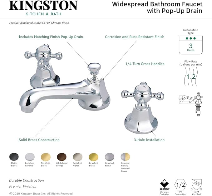 Kingston Brass KS4462BX Metropolitan Widespread Lavatory Faucet with Metal Cross Handle, Polished Brass,8-Inch Adjustable Center