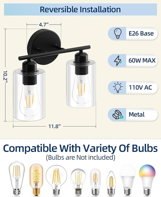 Modern Vanity Lights - Matte Black, Clear Glass Shade, Wall Sconce for Bathroom & Bedroom, 2 Pack
